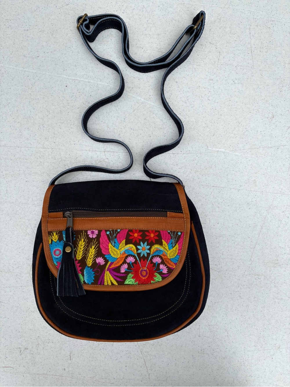 Embroidered Black Suede Crossbody Bag with Brown Trim